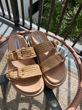 Steve Madden Tan Woven Double Strap Slide Sandals with Gold Buckle